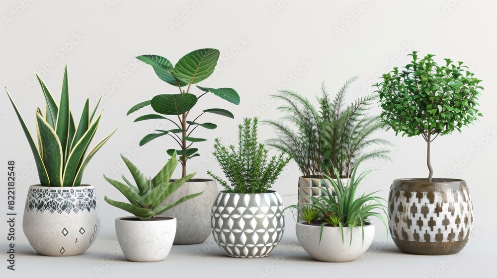 Isolated plants in ceramic pots on transparent background. 3D rendering. Isolated plants in ceramic pots on transparent background. 3D rendering.