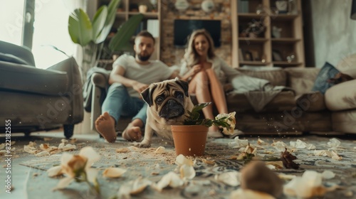 Funny Moment: Pug Dog Runs Away After Ruining Potted Flower. Couple looks on in disbelief and frustration after overturning potted flower. Cute Silly Puppy runs away from mess. photo