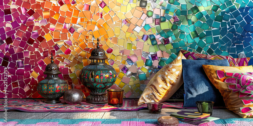 Fototapeta premium Eccentric Charm: Blending Hues, Textured Textiles, and Whimsical Accents for a Bohemian Aesthetic