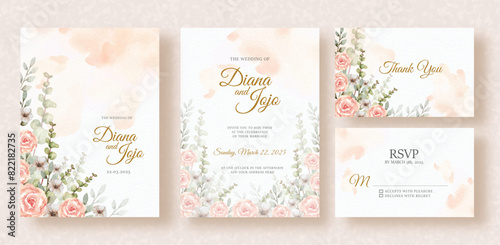 peach roses and florals painting arrangement corner on wedding invitation background