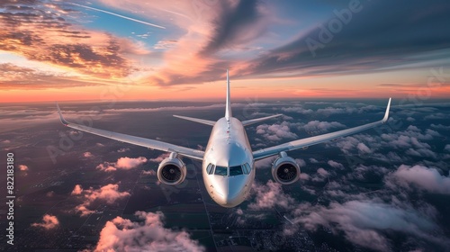 A passenger airplane flies in a sunset panorama