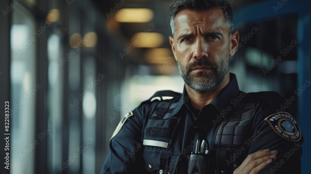 Police Officer with Crossed Arms Looking at Camera. Cop maintains public order and safety, enforces the law, prevents and investigates crime. Cinematic portrait.