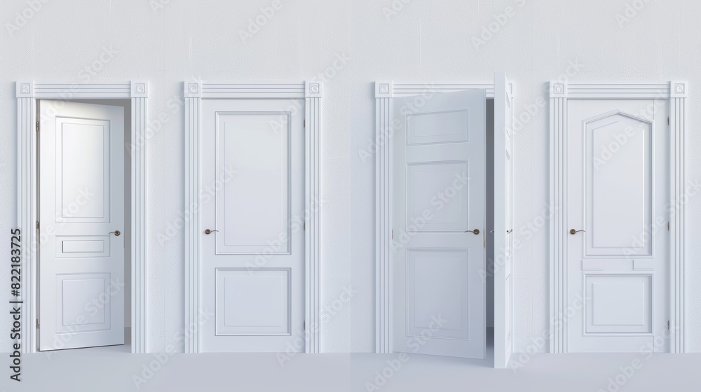 An animation of a white wooden door in various stages of opening.