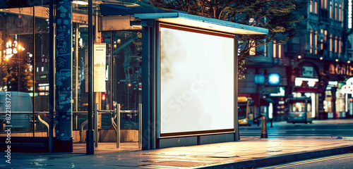 Narrow vertical blank billboard mock-up at a bus stop, downtown twilight setting. photo