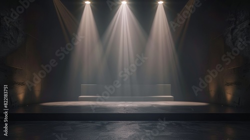 The stage is illuminated by spotlights and has a dark background. A 3D rendering of the scene is shown.