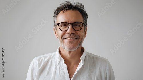 Portrait of smiling middle aged businessman wearing white shirt and glasses standing over grey background, mockup for your design. 