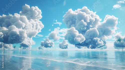 A tranquil beach scene with clouds made of virtual wallets embodying the convenience and ease of storing your crypto assets in the cloud.