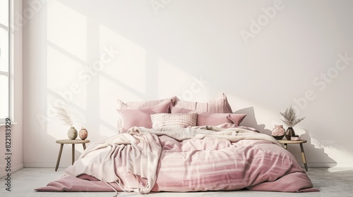 This is an image of a light, cute, and cozier bedroom interior with an unmade bed, pink plaid, and cushions against an empty white wall background. We rendered it in 3D. photo
