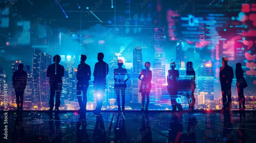 A group of people are standing in front of a city skyline with a blue background A group of people are standing in front of a city skyline with a blue background