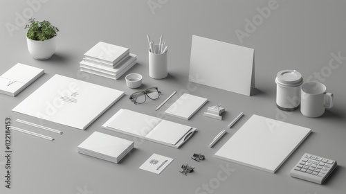 A mockup of corporate identity stationery isolated on a gray background. Displayed in 3D. © Bundi
