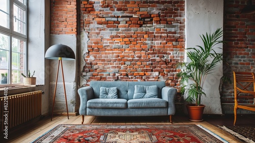 A sofa in an old vintage brick wall loft - located in an old Ziegel loft photo