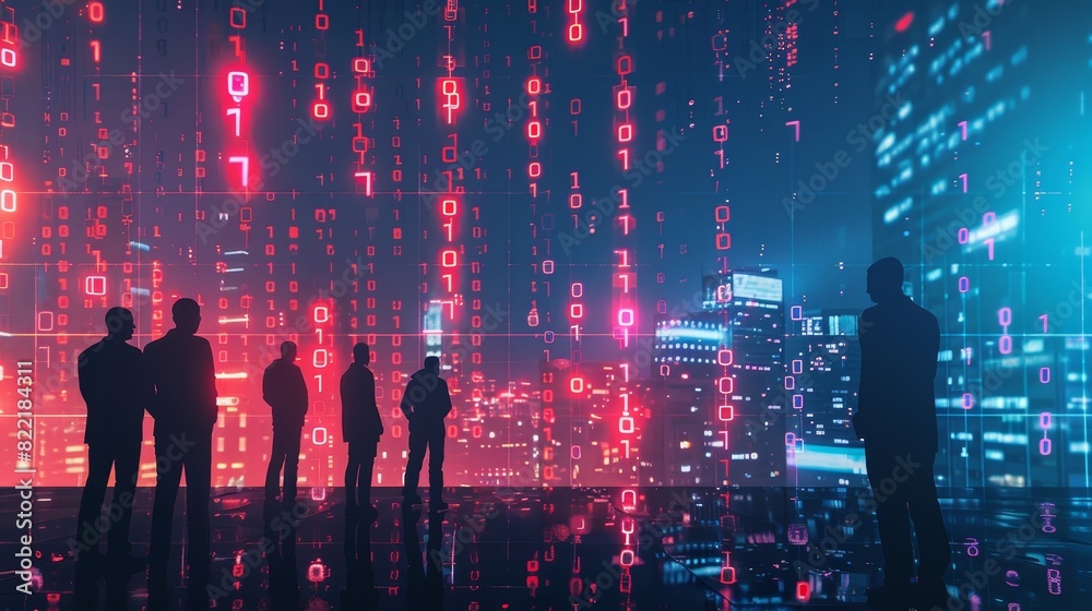 A group of people are standing in front of a city skyline with a blue background A group of people are standing in front of a city skyline with a blue background