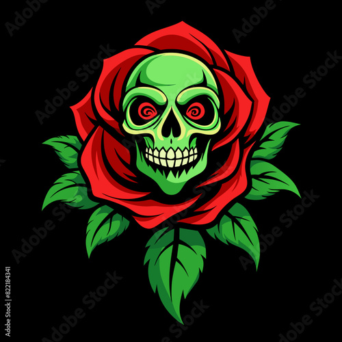 Art piece of a red rose in full bloom with a skull at its core, surrounded by green leaves on a dark background