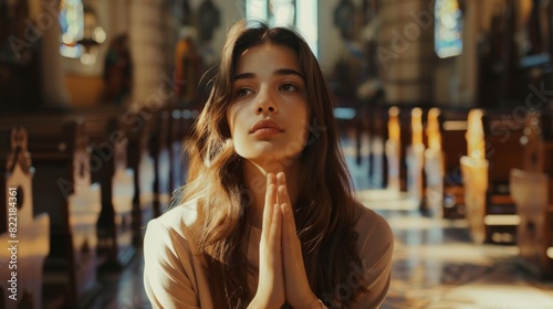 This Christian woman sits piously in church, praying for guidance from her religious faith and her belief in God. The camera captures her praying hands and hopeful expression. photo