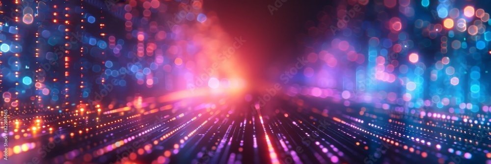 Fototapeta premium Abstract digital background with glowing lines and bokeh lights, representing data flow in technology or cyber security concept. Glowing blue purple light rays, motion blur effect,