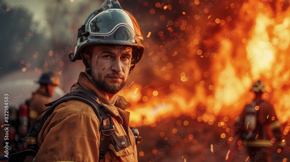 Firefighter hanging from a fire hose, posing for pictures with his crew leader in safety uniform and helmet during a wildfire. Firefighter hanging from a fire hose, posing for pictures with his crew leader in safety uniform and helmet during a wildfire.