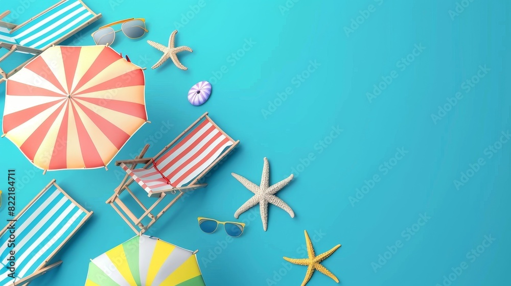 Obraz premium Summer vacation concept and beach umbrella on blue background. 3D rendering.