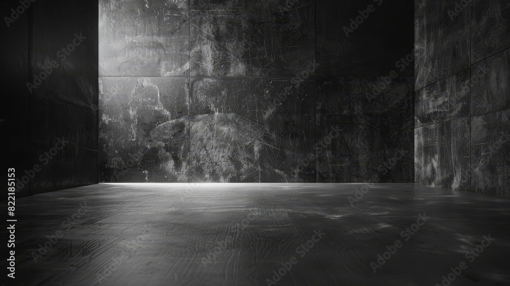 A black background floor with a dramatic product scene and concrete textures A black background floor with a dramatic product scene and concrete textures