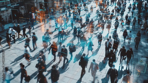 Technology Tracking Business Men Walking on Busy City Streets. CCTV AI Facial Recognition Big Data Analysis Interface Scanning, Showing Information. Video Surveillance Concept.