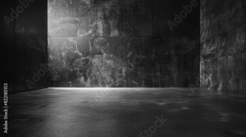 A black background floor with a dramatic product scene and concrete textures