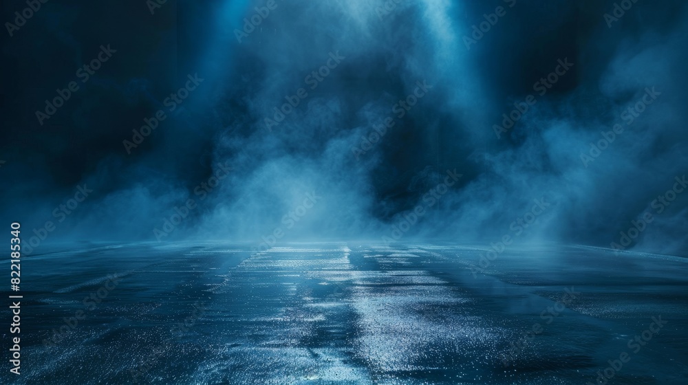 It is dark and wet. There are reflections of rays in the water. The background is abstract. Smoke, smog are present. It is a dark, empty scene with neon lights and spotlights. The floor is concrete.