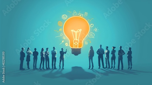 Professional team discussing a problem. A light bulb symbolises new idea and finding solution. Business concept illustration of developing, taking a risk, supporting and solving the problem. photo