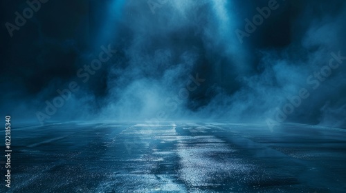 It is dark and wet. There are reflections of rays in the water. The background is abstract. Smoke  smog are present. It is a dark  empty scene with neon lights and spotlights. The floor is concrete.
