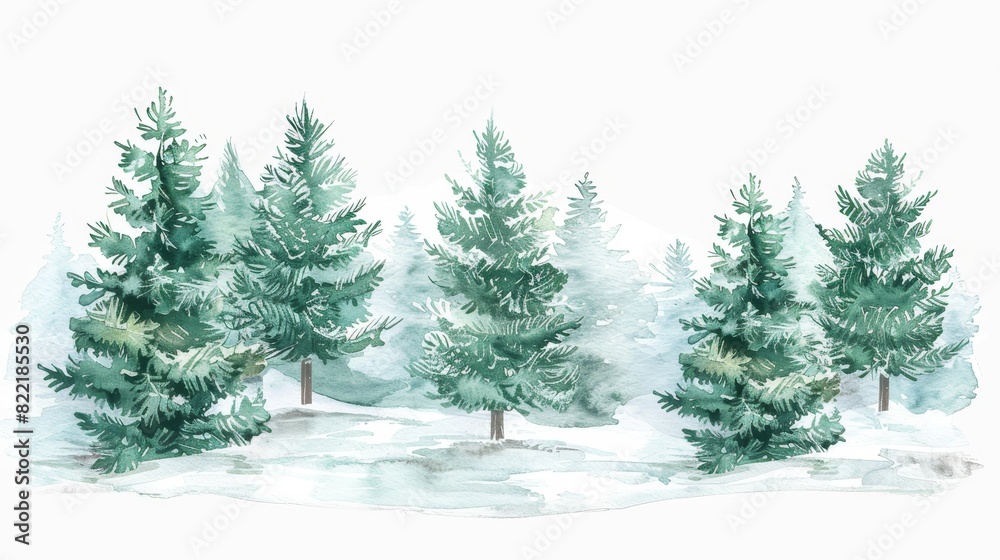 Obraz premium Watercolor illustration of a coniferous forest, a spruce. Winter nature, holiday background, conifers, snow, outdoor, snowy rural landscape. Mysterious fir or pine trees for winter Christmas cards.