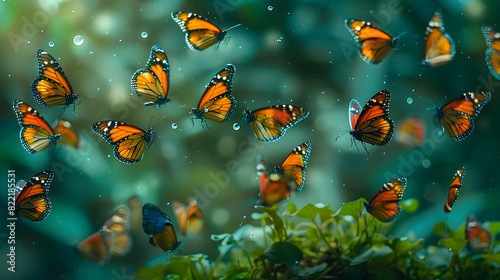 A captivating photograph capturing a group of butterflies in flight  creating a beautiful symphony of colors as they dance gracefully in the air against a backdrop of lush greenery.