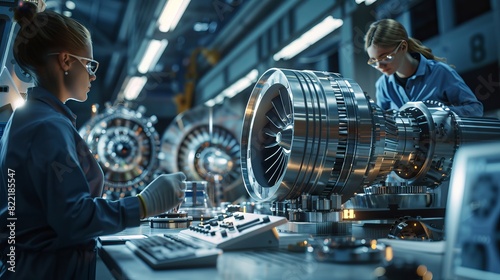 Using computers and measuring tools, scientists, engineers and machinery operators collaborate on the development of a new type of electric turbine engine in a scientific technology lab photo