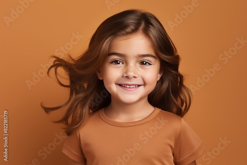 Brown background Happy european white child realistic person portrait of young beautiful Smiling child Isolated on Background Banner with copyspace blank empty copy space 