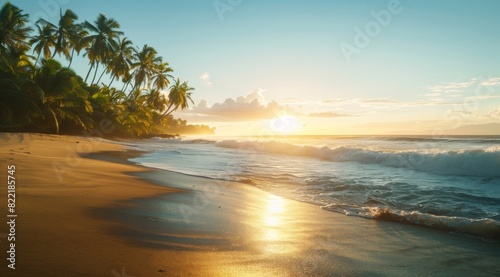Tropical Beach Sunrise with Palm Trees and Gentle Waves