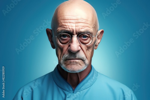 Blue background sad european white man grandfather realistic person portrait older person beautiful bad mood old man Isolated on Background 