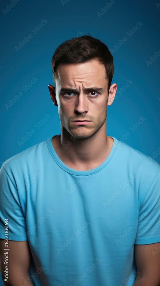 Blue background sad european white man realistic person portrait of young beautiful bad mood expression man Isolated on Background depression anxiety fear burn out health issue problem mental 