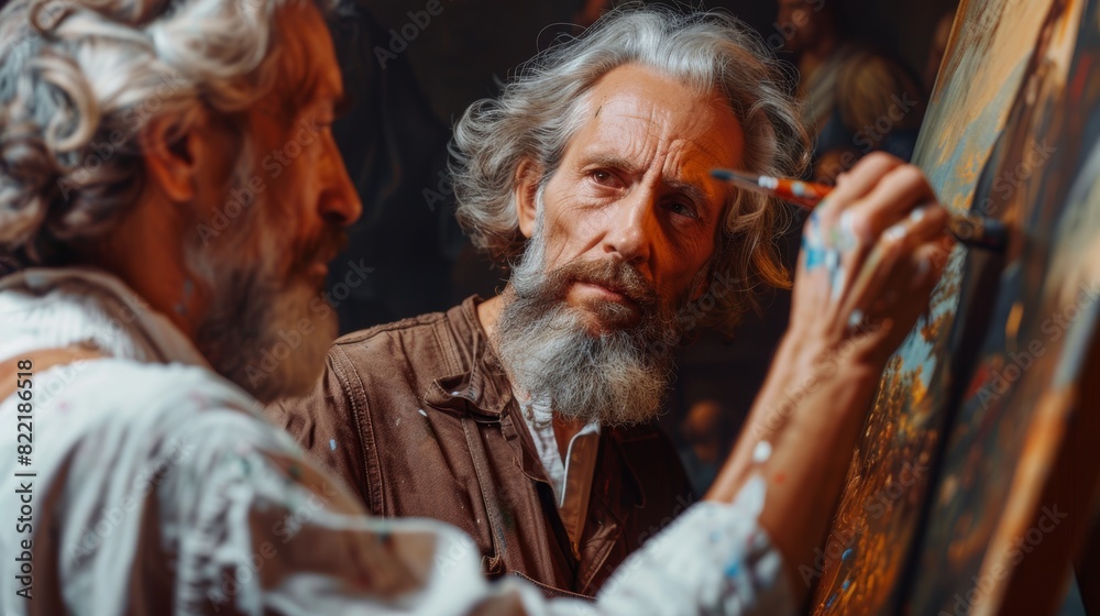 In the Studio of a famous Renaissance Painter, a portrait of a historical figure is being painted. A focused artist captures beauty and emotions on canvas, feeling inspired, and adding detail.