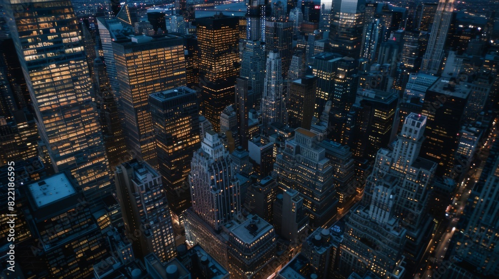 Evening photo of Manhattan's Financial District from a helicopter. Scenery of historic office towers, including the illuminated Empire State Building.