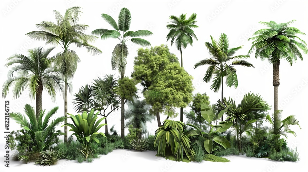 Fototapeta premium Shapes of jungle rain forest trees cutout 3d render png set