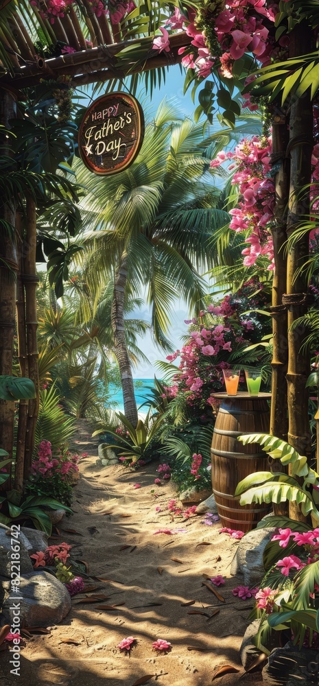 Fototapeta premium The photo shows the entrance to the tropical beach. The path is surrounded by palm trees and pink flowers.