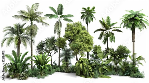 Shapes of jungle rain forest trees cutout 3d render png set