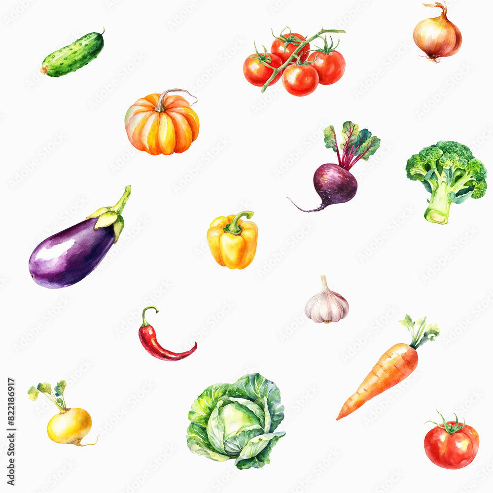set of vegetables, seamless pattern on white background set of vegetables, seamless pattern on white background
