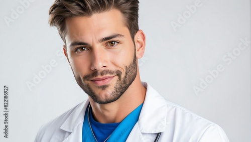 headshot of nurse handsome guy model on plain white background studio from Generative AI © Arceli