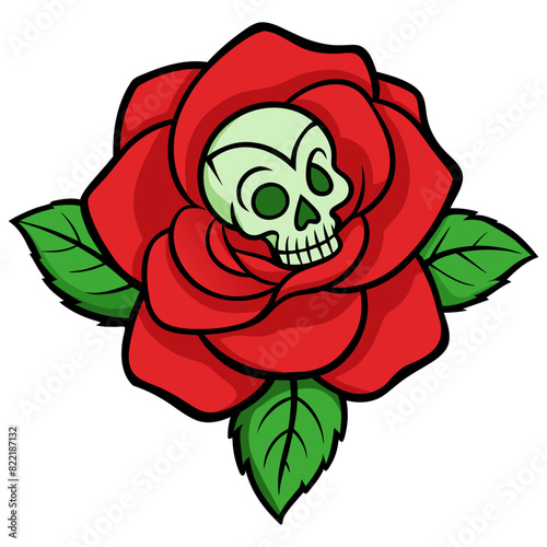 Cartoon of Art piece of a red rose in full bloom with a skull at its core, surrounded by green leaves on a dark background