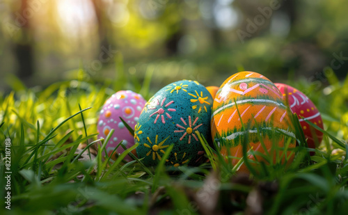 The image shows four Easter eggs in the green grass. 
