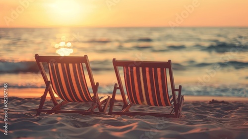 Sunset on Beach with Two Empty Deck Chairs