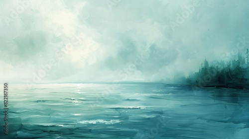 Calm seascape painting in a watercolor style soft blues and greens creating a serene atmosphere