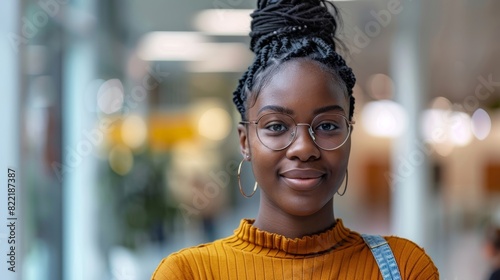 Beautiful African Female Standing in a Modern School Hall. Close Up Portrait of a Happy Successful Black Woman Looking at Camera, Posing and Smiling. Girl Wearing Smart Glasses.