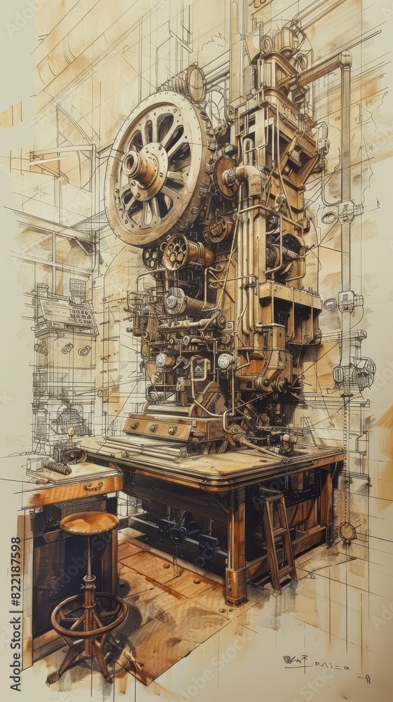 The image shows a large, old-fashioned printing press. It has a large wheel on the side and is made of wood and metal. The image shows a large, old-fashioned printing press. It has a large wheel on the side and is made of wood and metal.