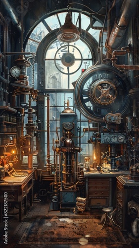 Intricate steampunk laboratory interior with vintage scientific equipment and machinery  featuring pipes  gauges  and brass elements  creating an atmospheric