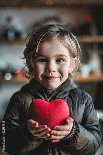 the child holds a heart in his hands. Selective focus
