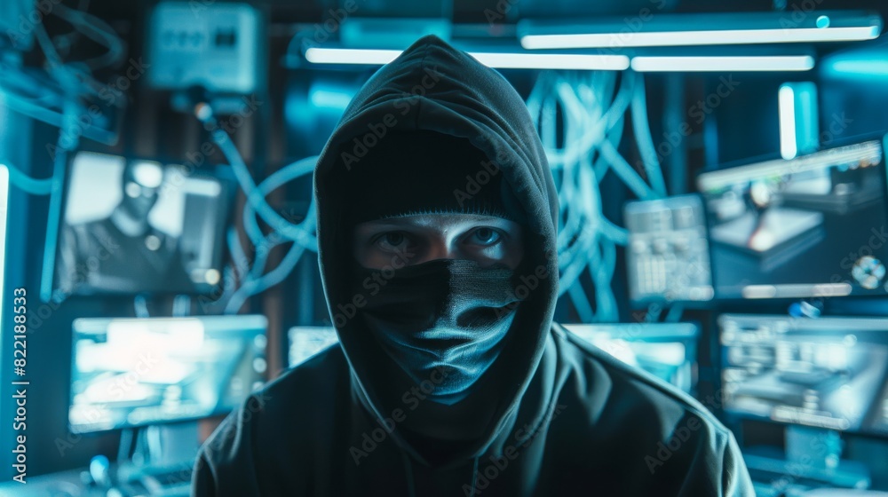 In the background, he is in his operating room with multiple displays and cables with a covered face. In the background, he is in his operating room with multiple displays and cables with a covered face.